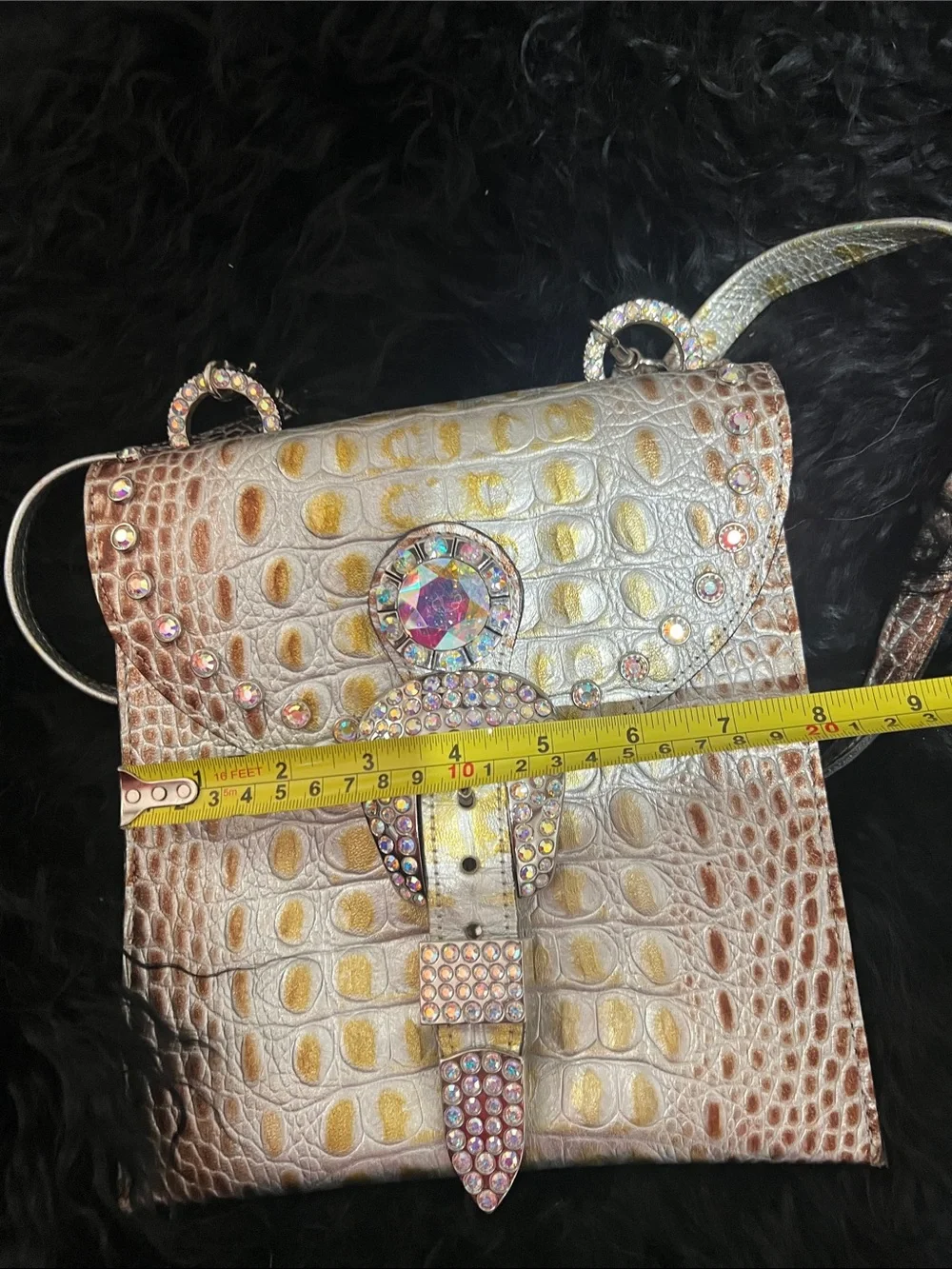 Raviani Iridescent Pearl Croc-Embossed Crossbody with Crystal Buckle